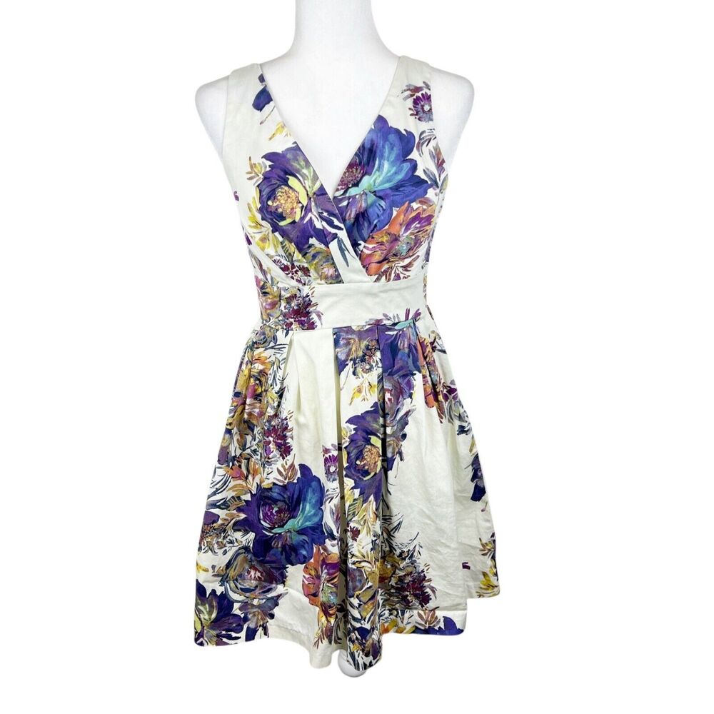 Ixia Dress Women Small Cream Purple Floral All Over Print Fit Flare Sleeveless